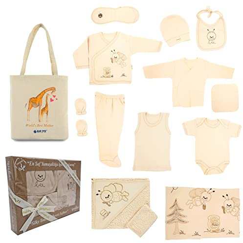 Blue Eyes Neugeborenen Baby Set 100% natürliche Baumwolle Erstausstattung Erstlingsausstattung Ausstattung Unisex Kleidung Geschenkset Badetuch mit 14 Teilig für Babys 0-4 Monate, mit Geschenketiket