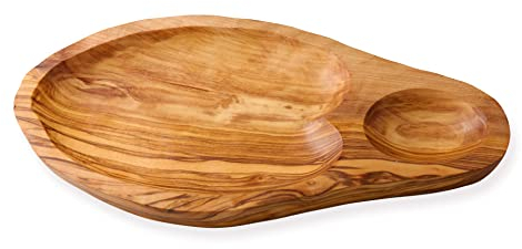 Cleminson Plato para aperitivos y tapas tallados a mano de madera de olivo con sección de inmersión – 29 x 15 cm