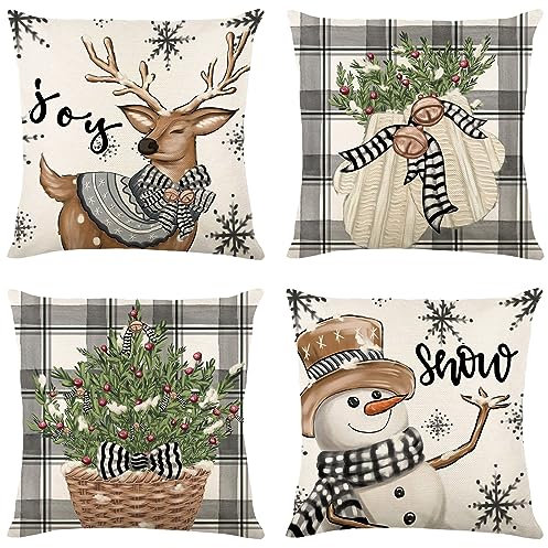 4 Stück Weihnachtskissenbezug Leinen, Weihnachtskissen Nostalgie 45x45cm, Weihnachten Deko Innen, Kissenbezug Weihnachten, Weihnachtsdeko Amerikanisch Kissen Bezug für Sofa Schlafzimmer Bett Auto (C)