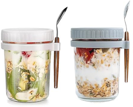 Lot de 2 Pot Yaourt en Verre avec Couvercle et Cuillère 350ml Réutilisable Bol Yaourt a Emporter avec Marques de Mesure Mason Jars pour Salades Lait Céréales Fruits (Gris, Blanc)