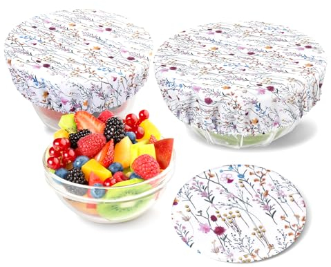 PHOGARY 3 STK Abdeckhauben für Lebensmittel Wiederverwendbare, aus Stoff, Topfhauben mit Gummizug, Dehnbare Deckel Wasserdichtes Gewebe dehnte Abdeckungen für Glassalat-Schüssel, Topf (Floral B)