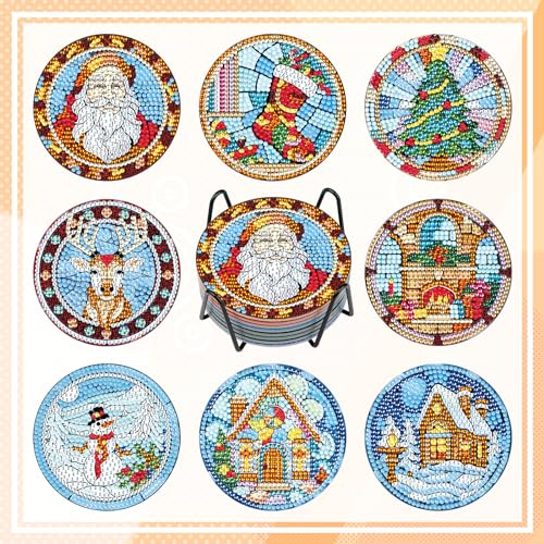 RICUVED Weihnachten Diamond Painting Untersetzer, 8 STK Xmas Diamant Painting Untersetzer mit Halter DIY Diamond Painting Untersetzer für Kinder