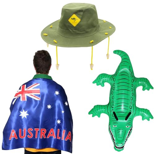 Australian Accessory Set - Australian Flag Cape + Orange Kangaroo Print Cork Hat + Inflatable Crocodile - Aussie Oz Fancy Dress Costume Accessory Set