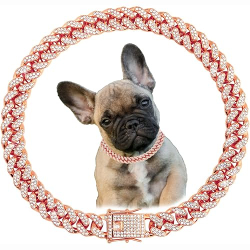Roségoldene Hundehalsbänder für große Hunde, glitzernde Diamanten, Metall, kubanische Glieder-Halskette für kleine, mittelgroße und große Haustiere, Hündinnen, Rosa, 55,9 cm
