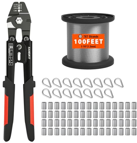 Sanuke Wire Rope Crimp Kit with 100ft 1/16 304 Stainless Steel Cable 7x7 Strand Core, 60PCS 1/16'' Aluminum Crimp Loop Sleeves and 15PCS M2 Wire Rope Stainless Steel Thimble