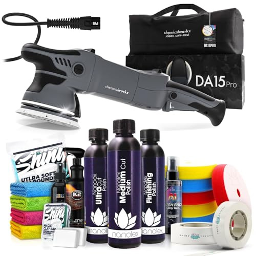 Poliermaschinen Set: chemicalworkz DA15 Pro Exzenter Poliermaschine + Nanolex Politur Set + Royal Pads Premium Polierpads + Dr. Wack Versiegelung für Lack + Zubehör | 20-teilig