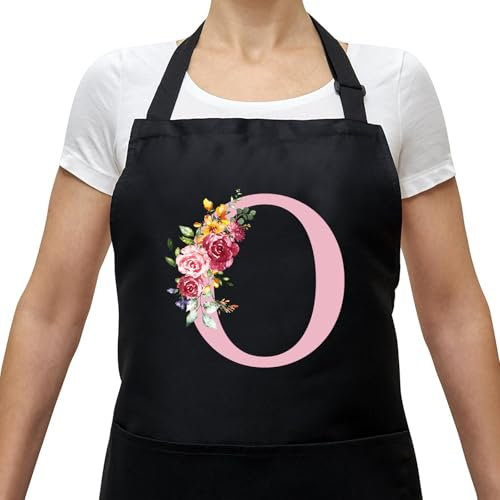Personalisierte Initialen Schürzen Damen, Kochschürze Baumwolle Verstellbare Küchenschürze mit Taschen zum Kochen, Backen, Geschenk für Frauen Mama Oma Freundin zum Geburtstag Muttertag Weihnachten O