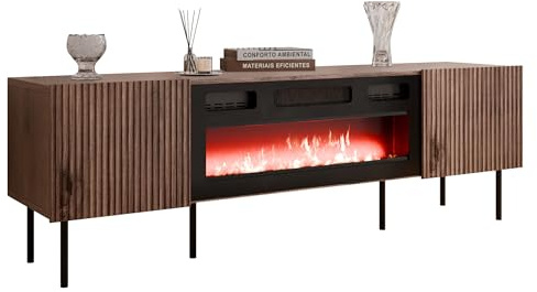 Mirjan24 TV-Lowboard Trigev 180 EF mit Elektrokamin (Nuss Warmia) | Griffloser Fernsehschrank mit Heizfunktion, LED-Flammeneffekt, Fernbedienung, Soft-Close-System und 2 Staufächern