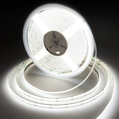 COB LED Streifen 15m Kaltweiß, 384 LEDs/m, 24V, CRI 92+, 10mm Breit, Hell LED Strip ohne Netzteil für Schlafzimmer, TV, Küche, Wohnzimmer, DIY, Lichtband Selbstklebend (ohne Netzteil), 6000K
