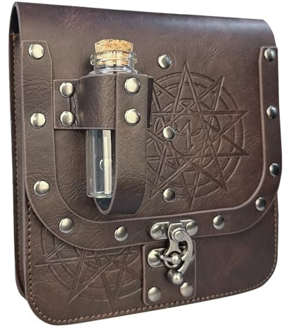 HiiFeuer Mittelalterliche Alchemie Kunstleder Gürteltasche mit Kork Zaubertrank Fläschchen, Fantasy Wizard Waist Pouch Side Pack für Halloween (Braun C)