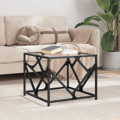 Baziroo Mesa de centro con tablero de cristal, 50 x 50 x 41 cm, mesa auxiliar, mesa de salón, mesa de espera, mesa de teléfono, materiales de madera y acero y cristal, cristal transparente