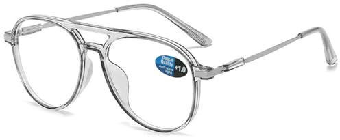 ABETOS Pilot Lesebrille Herren Damen Blaulichtfilter Retro Mode Pilotbrillen Pilotenbrille mit Lesehilfe Sehhilfe Vollrand Computer Brille mit Sehstärke, Durchsichtig Grau+1.0