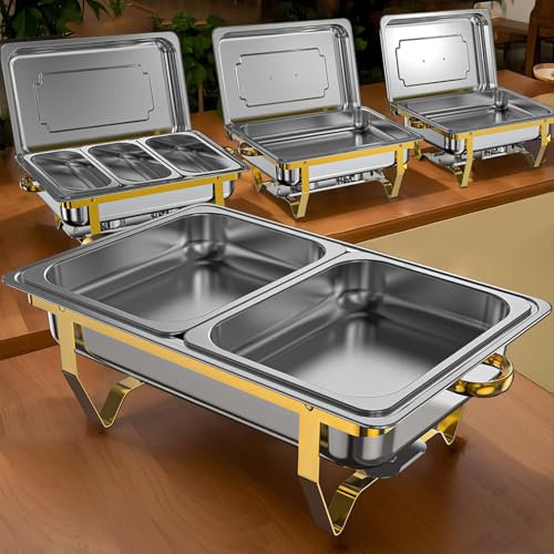 IMXSUMDA Chafing Dish Buffet Set 4 Pack, 9.5 QT Stainless Steel Chafing Dishes for Buffet Elegant Gold and Silver Colors Catering Chafer Warmer Set with Full,Half,1/3 Food Pan, For Parties Wedding