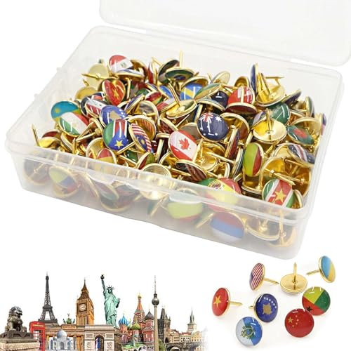 200 Stück Nationale Flagge Reißnagel, Nationalflaggen Pins, Reißzwecken mit Nationalflagge, Welt-Pinnnadeln, Dekorative Reißnägel für Karte, Schwarzes Brett, Pinnwand, Büro, Fotowand, Gold