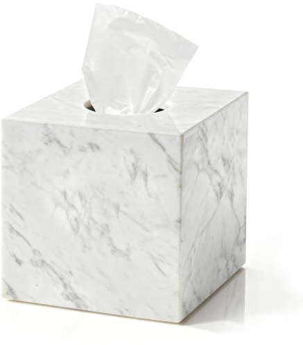 WORHE Marmor Taschentuchbox Halter, Square Tissue Box Cover, 14 x 14 x 14cm | Naturmarmor Kosmetiktuchhalter mit offenem Boden, ideal für Bad, Schlafzimmer, Schminktisch und Küche, weiß
