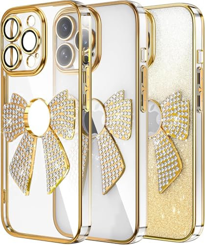 IMIRST Diamond Phone Case Compatible with iPhone 16 Pro Max (6.9'') Electroplated Bling Glitter Silicone Shell Shockproof Protective Cover Bumper Bow Tie Case for Apple iPhone 16 Pro Max. KD Gold