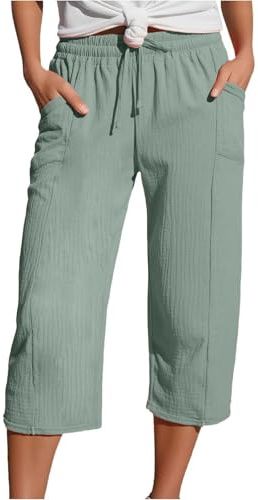 Yolimok Womens Cropped Trousers Elasticated High Waist Relax Fit Cotton Linen Ladies 3/4 Length Straight Wide Leg Trousers Casual Everyday Soft Lightweight Plain Three Quarter Pants