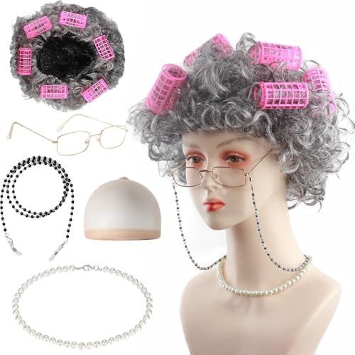 Old Lady Kostüm Set, Graues Oma-Perücken-Set mit 6 Rosaroten Lockenwicklern, Oma Perücke, Perücke Kappe, Oma Brille, Brillen Ketten und Perlenkette, Großmutter Cosplay Zubehör, für Karneval Halloween