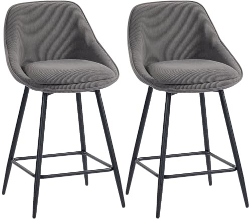 HOMCOM Barhocker 2er Set Drehbar mit Fußstütze Sitzhöhe 65 cm, Grau | Mit Rückenlehne, Kord-Optik, Stahlgestell, Tresenhocker Barstuhl, Küchenstühle Sessel, für Küche Esszimmer & Theke