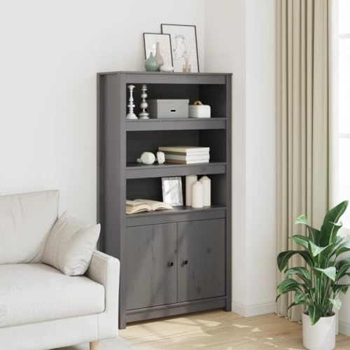 YuuSsea Highboard Grau 80x35x154 cm, Massivholz Kiefer, mit 2 Türen und offenen Fächern, Landhausstil Buffet Schrank für Wohnzimmer, Flur