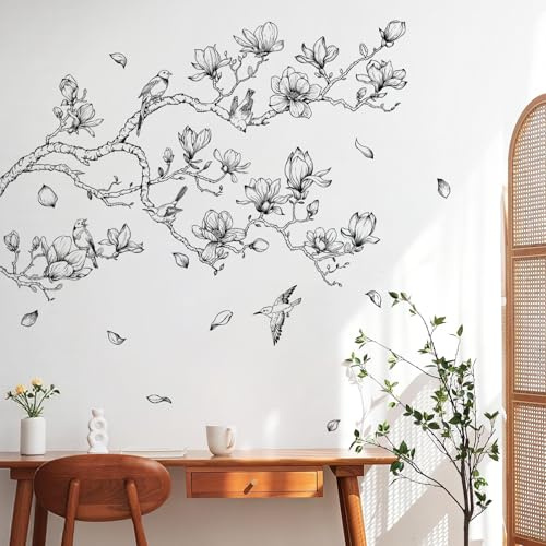 Flowers Tree Wall Stickers Magnolia Tree Branch Birds Spring Wall Decals | Wall Art Decor for Living Room Bedroom Sofa TV Background