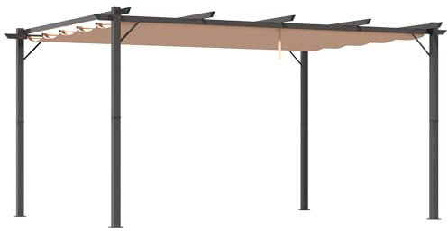 Pergola 3x4m Aluminium Gartenpavillon mit Verstellbarem Stoffdach, Wetterfest Terrassenüberdachung UV-Schutz, Moderne Gartenlaube für Terrasse Garten, 300x400cm, Grau-Braun