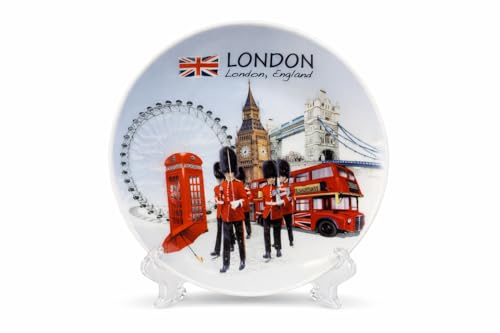 JRose Collections London Souvenir Keramik-Präsentationsteller mit Ständer, 15 cm, dekorativer Sammlerteller mit London Eye, Big Ben und Tower Bridge – Reise-Erinnerungsstücke