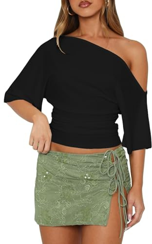 LEEDYA Off The Shoulder Tops for Women Summer Sexy Short Sleeve Crop Top Casual Going Out Blouses Y2K T Shirts