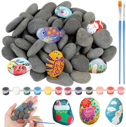 60 Pcs Pebbles for Painting, Stones for Painting, Flat Painting Pebbles with Paint and Brush, Natural Smooth Decorative Pebbles, Rocks to Paint for Crafts School Painting Flower Pots Decoration