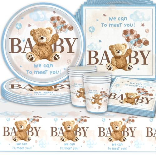 SANYUANHE Set da 61 pezzi di stoviglie decorative a forma di orsetto di peluche, decorazione da tavolo per feste di compleanno per bambini, decorazione di compleanno Little Bear, tovaglioli, bicchieri