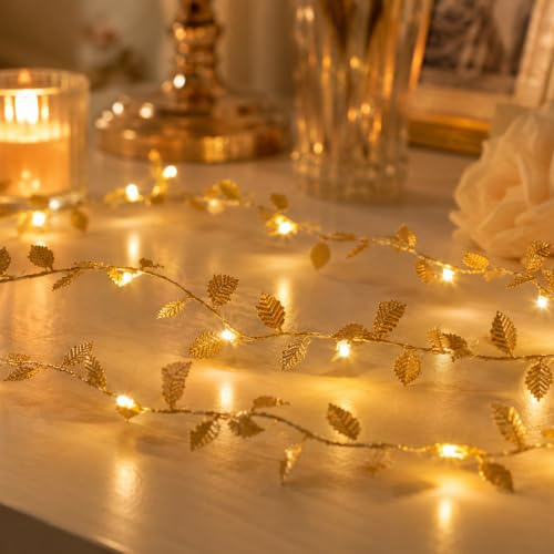 ALEGRE® Blätter Goldene Hochzeit Lichterkette Batterie,2M 20 LED Lichterkette mit Batterie,Künstliche Blätter Deko Goldene Hochzeit Lichterketten Innen, Fairy Lights für Goldhochzeit Deko, Weihnachten