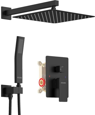 KOJOX Système de douche noir mat de 30,5 cm avec pomme de douche à haute pression, pommeau de douche à main, mitigeur de salle de bain, robinet de douche mural avec valve rugueuse et kit de garniture