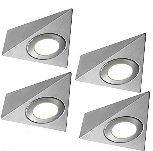4 Pack | *240V Mains* LED Triangle Under Cabinet Kitchen Spotlights | Brushed Nickel & Natural White | Surface Mounted Light Fittings | Cupboard Worktop Counter Unit Lighting Kit | Loops