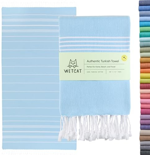 WETCAT Vorgewaschenes Super weiches türkisches Handtuch, 100% Baumwolle, Stranddecke, Pestemal, Fouta, Überwurf – für Bad, Strand, Pool, Picknick, Reisen, 94 x 178 cm – Katze Katze Basic Light Blue