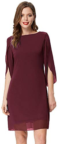 Vestido Mujer Mangas 3/4 Escote Redondo Color Liso para Verano Primavera Vino Tinto L Cl011125-1