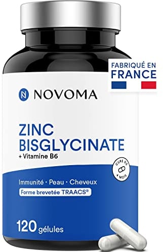 NOVOMA Zinc Bisglycinate 15 mg + Vitamine B6, 120 Gélules, Actif breveté TRAACS®, Immunité & Acné, Fabriqué en France