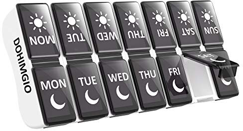 Pill Box Organiser 2 Times a Day, Pill Boxes 7 Day Twice a Day, Small Weekly Pill Box Case with 14 Compartments, Black (001)