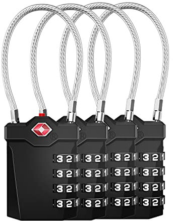 ZHEGE TSA Suitcase Locks, TSA Approved Luggage Locks, White Code Padlock for Travel with Open Alert Indicator and 5.5in Flexible Cable, 4-Digit Combination Padlocks for Lockers (Black, 4 Pack)