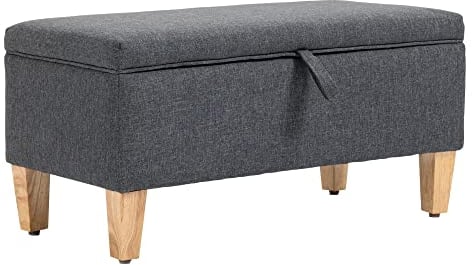 HOMCOM 30L Linen Storage Ottoman Padded Footstool with Rubberwood Legs for Storage Box, Bed End, Shoe Bench, Seating, Dark Grey