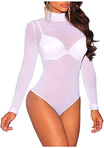 GirlzWalk Women's Sheer Mesh Polo Turtle Neck Bodysuit Ladies Long Sleeve Leotard Bodysuit (ML, White)