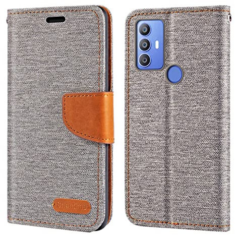 Oxford Fabric PU Leather Flip Wallet Case Compatible with TCL 305 6102D, Durable Protective Cover with Card Slots and Magnetic Closure (Grey)