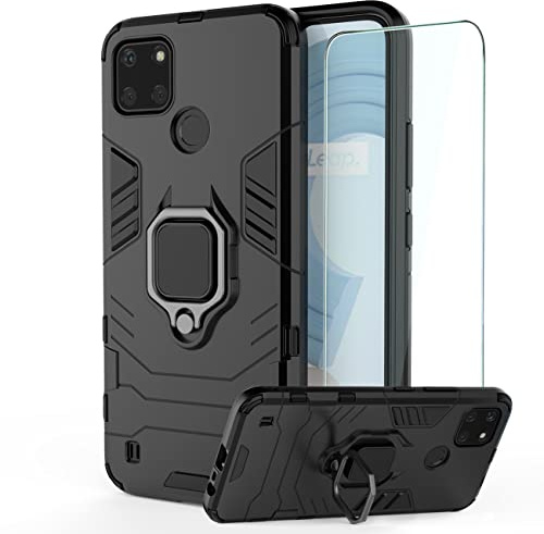 DERHAN Funda para Realme C21Y / Realme C25Y, Fundas Resistente​y Duradero con Cristal Templado, Carcasa Antigolpes Silicona TPU Bumper Case - Negro