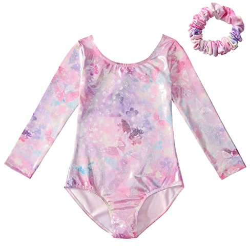 SEAUR - Mädchen Turnanzug Langarm Kinder Gymnastikanzug Klassisch Trikot Gymnastik Tanzen Kleidung Ballet Yoga Kleid für Klein Kind 3-12 Jahre - 7-8 Jahre - Schmetterling Muster