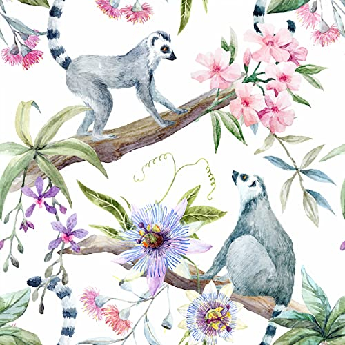 decomonkey Fototapete selbstklebend Tapetenrolle 10 m Tapete Vliestapete Deko Panel Modern Design Wanddeko Wohnzimmer Schlafzimmer Wandtapete | Tiere Pflanzen Blumen Rosa Grün Laub Lemur