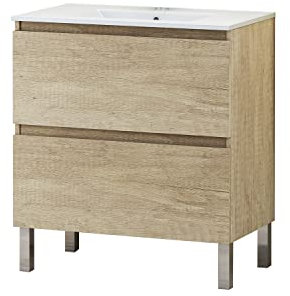 Baikal Conjunto Mueble de Baño con Lavabo, Mueble con Patas, en Varios Acabados, Melamina 16. Sin Espejo. Puerta + Cajón 80 cm Nature, Puro