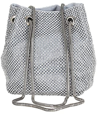 CORIOS Borsa da Sera Donna con Strass Glitterata - Pochette a Tracolla Brillante e Scintillante - Secchiello a Mano e Spalla per Cocktail, Festa, Ballo, Cerimonia - D'argento