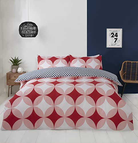 Rapport Home Red Geometric Design Double Bedding Set - Reversible Easy Care Duvet Cover Set