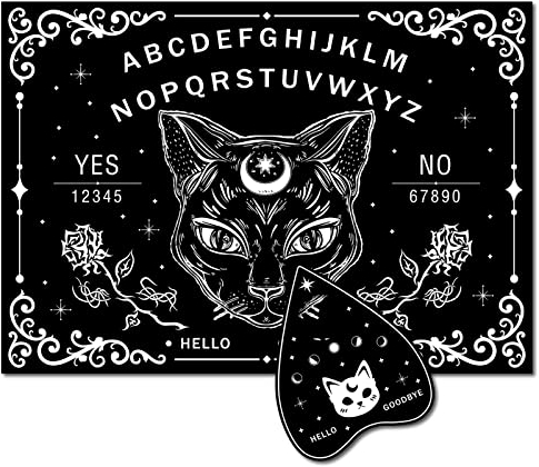 CREATCABIN Geisterbrett Aus Holz Mit Schwarzer Katze Sprechendes Ouija-Brett Pendelbrett Aus Holz Mit Planchette Wünschelrute Wahrsagen Spielset Geisterjagd Dekoration Hexenzeug Für Wicca 30 x 21cm
