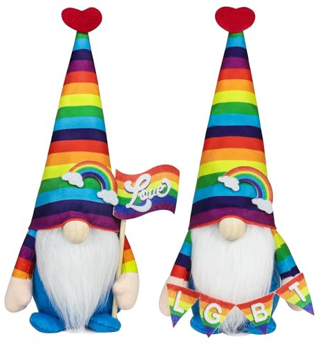 Pride Gnome Decorations - 2PCS Pride Rainbow Gnomes Plush Holding Love Flag LGBT Sign for Home Table Tiered Tray Party Decor Supplies Gifts