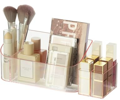 SUNFICON Make-up-Halter, Tablett, Organizer, Kosmetik-Vitrine, Tischplatte, Schminktisch, Arbeitsplatte, Badezimmer, Wandschrank, Medizin-Aufbewahrungsbox, 9 Trennwände, Mädchen, Kristallrosa